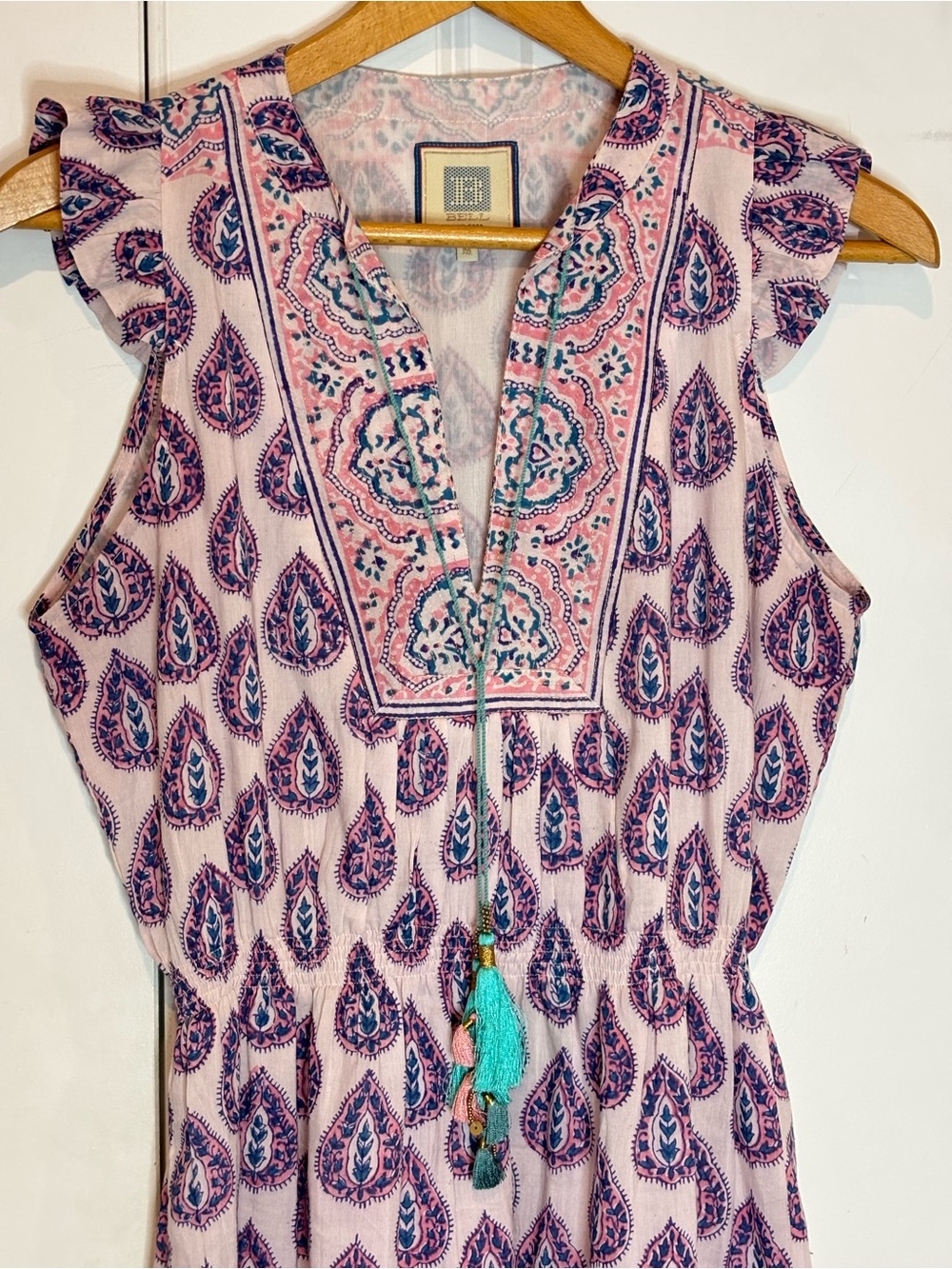 Bell by Alicia Bell Lola Pink Blue Sleeveless Tassel Elastic Waist Mini Dress M - Picture 2 of 11